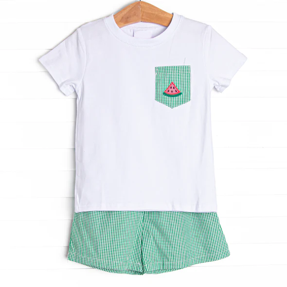 preorder BSSO0785 watermelon pocket short sleeve green striped shorts boys set