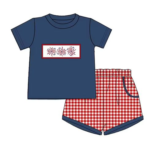 preorder BSSO0787 July 4th fireworks navy short sleeve red checkered shorts boys set