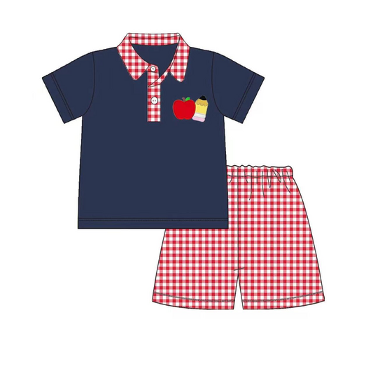 preorder BSSO0788 back to school pen apple navy short sleeve red checkered shorts boys set