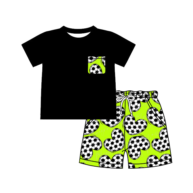 preorder BSSO0790 soccer black pocket short sleeve green heart soccer shorts boys set