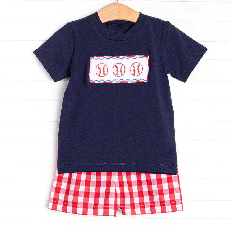 preorder BSSO0795 baseball navy short sleeve red checkered shorts boys set