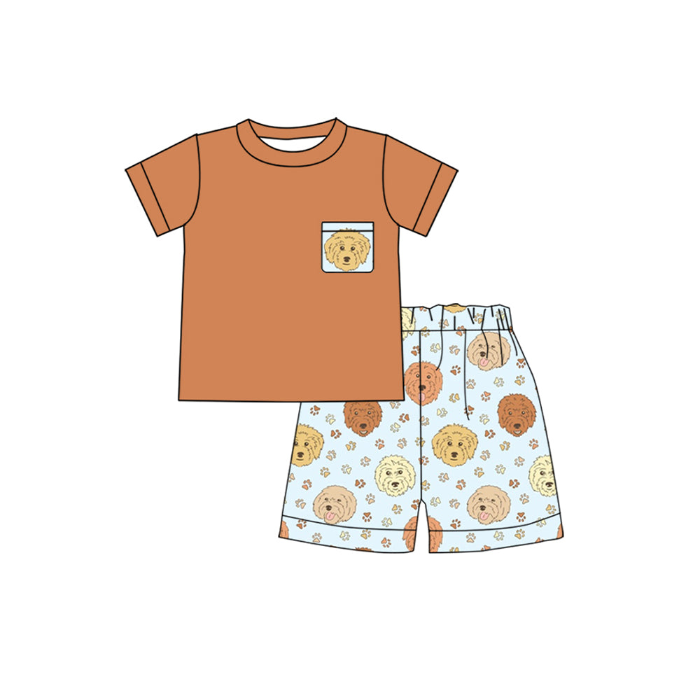 preorder BSSO0796 cute dog brown pocket short sleeve shorts boys set