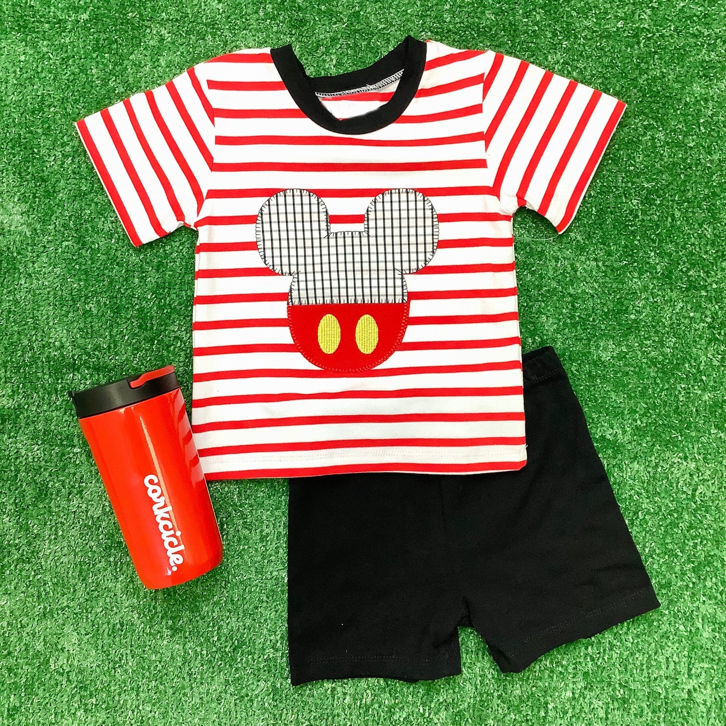 preorder BSSO0801 cartoon M red striped short sleeve black shorts boys set