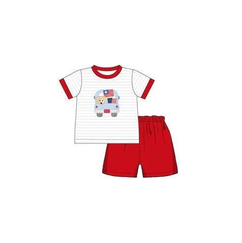 preorder BSSO0802 July 4th dog flag truck short sleeve red shorts boys set