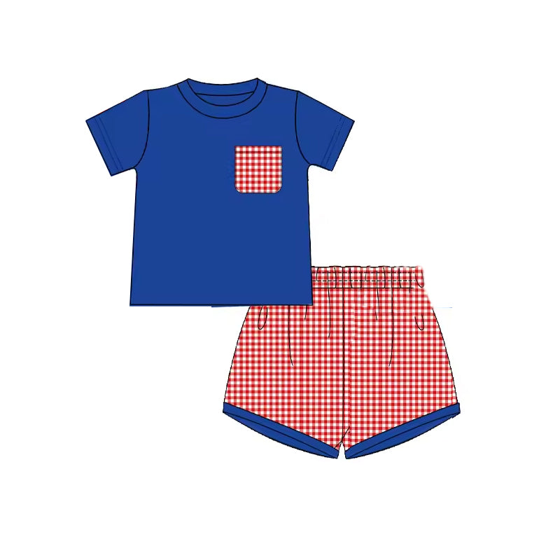 preorder BSSO0803 July 4th pocket blue short sleeve red checkered shorts boys set