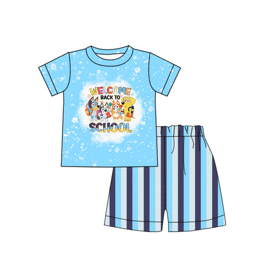 preorder BSSO0804 welcome back to school blue dog short sleeve blue striped shorts boys set