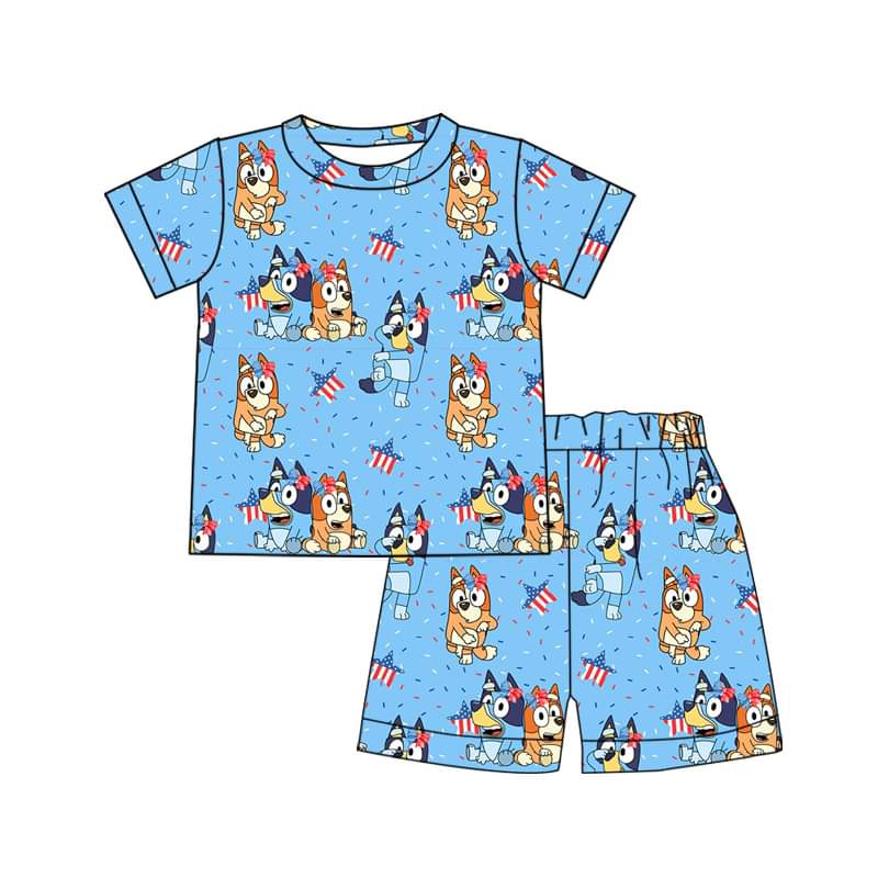 preorder BSSO0811 July 4th star cartoon blue dog blue short sleeve shorts boys pajamas