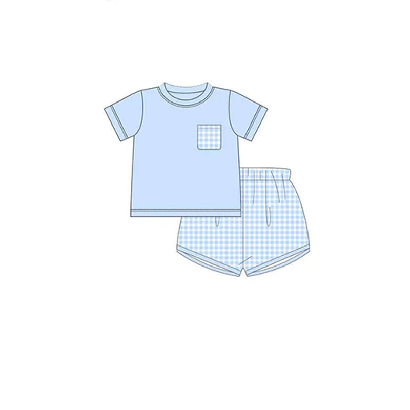 preorder BSSO0818 blue pocket short sleeve blue checkered shorts boys set