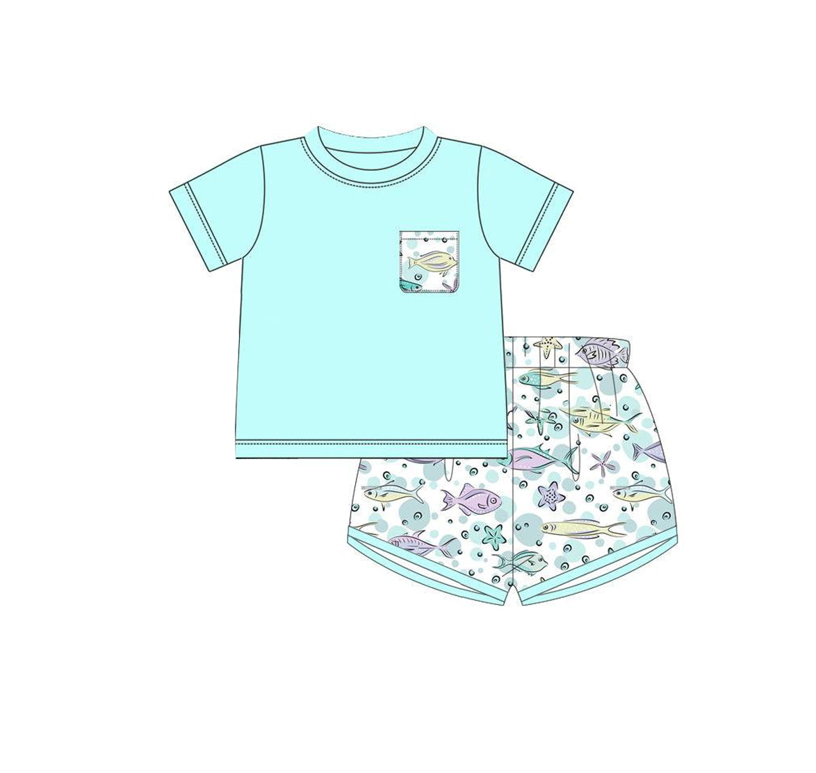 preorder BSSO0819 sky blue pocket short sleeve fish starfish shorts boys set