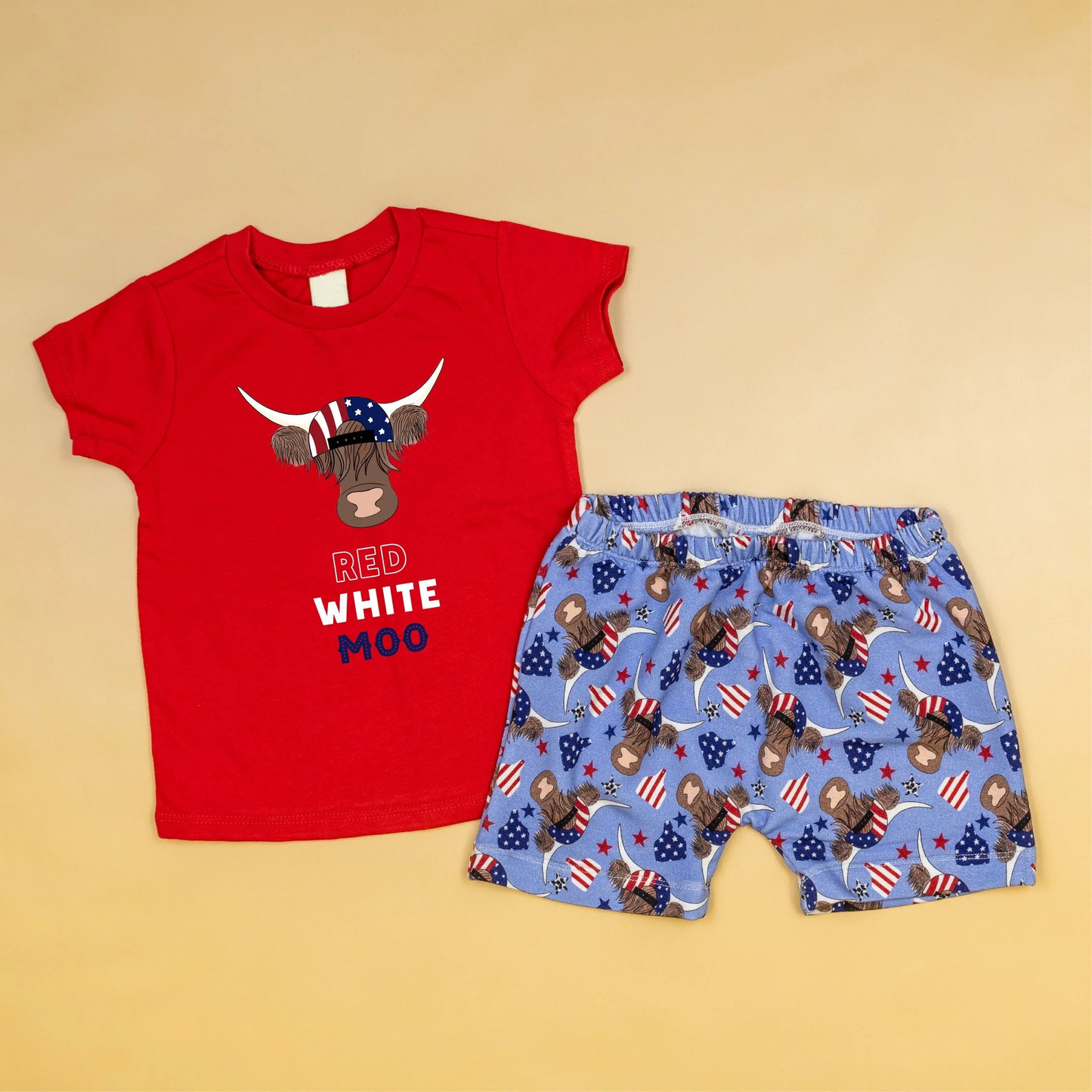 preorder BSSO0822 July 4th red white moo cow short sleeve blue shorts boys set