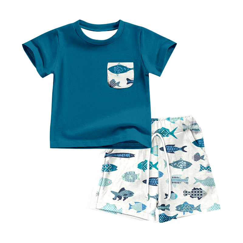 preorder BSSO0831 cartoon cute fish blue pocket short sleeve white shorts boys set