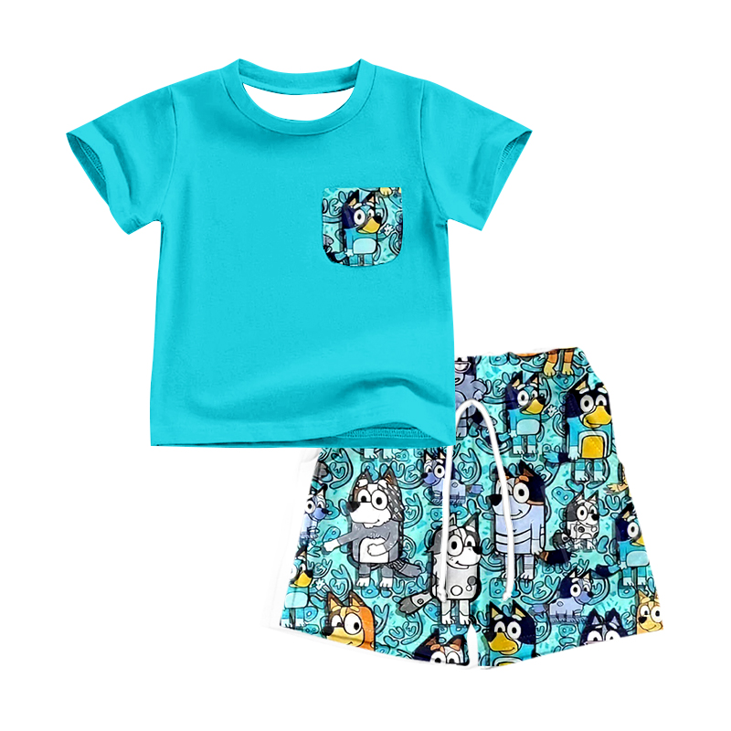 preorder BSSO0832 cartoon blue dog pocket short sleeve shorts boys set