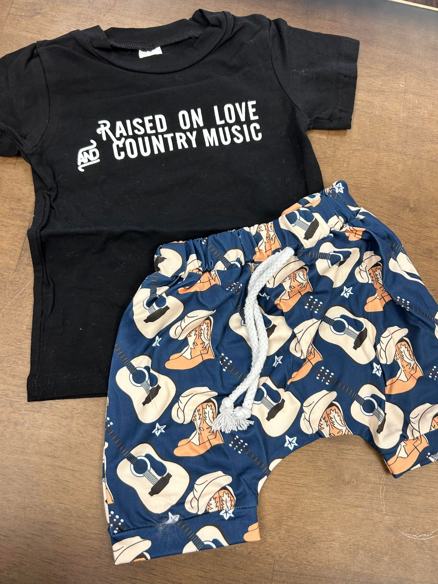 preorder BSSO0834 raised on love country music black short sleeve guitar boot blue shorts boys set