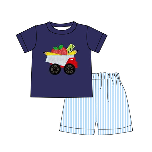 preorder BSSO0835 back to school apple pen navy blue short sleeve blue striped shorts boys set