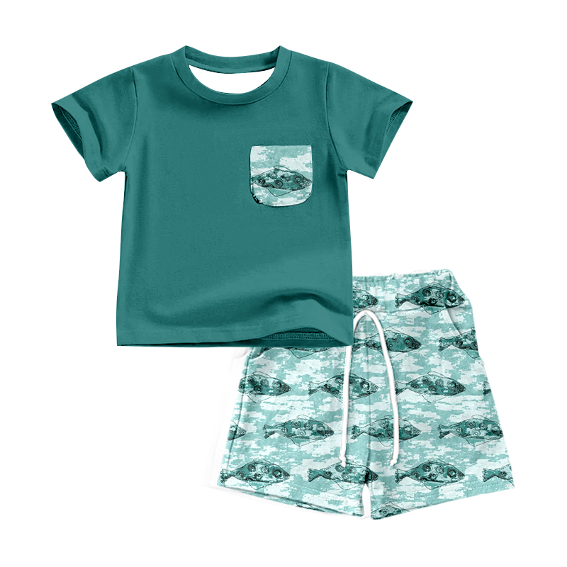 preorder BSSO0838 fish green pocket short sleeve green ink pattern shorts boys set