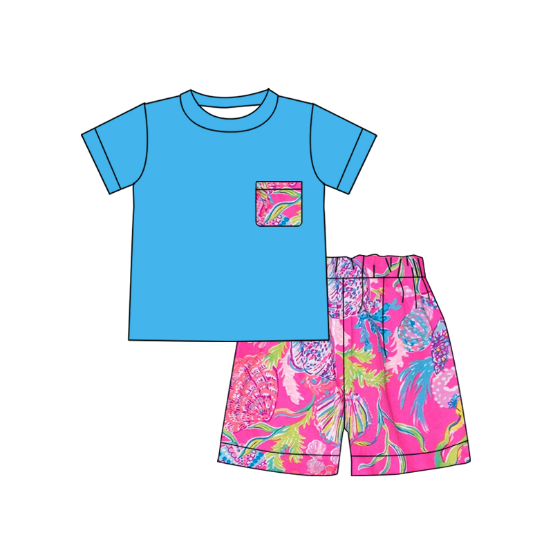 preorder BSSO0841 blue pocket short sleeve hot pink fish flowers print shorts boys set