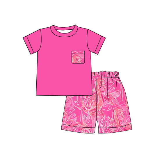 preorder BSSO0842 flamingo pocket short sleeve hot pink flowers print shorts boys set