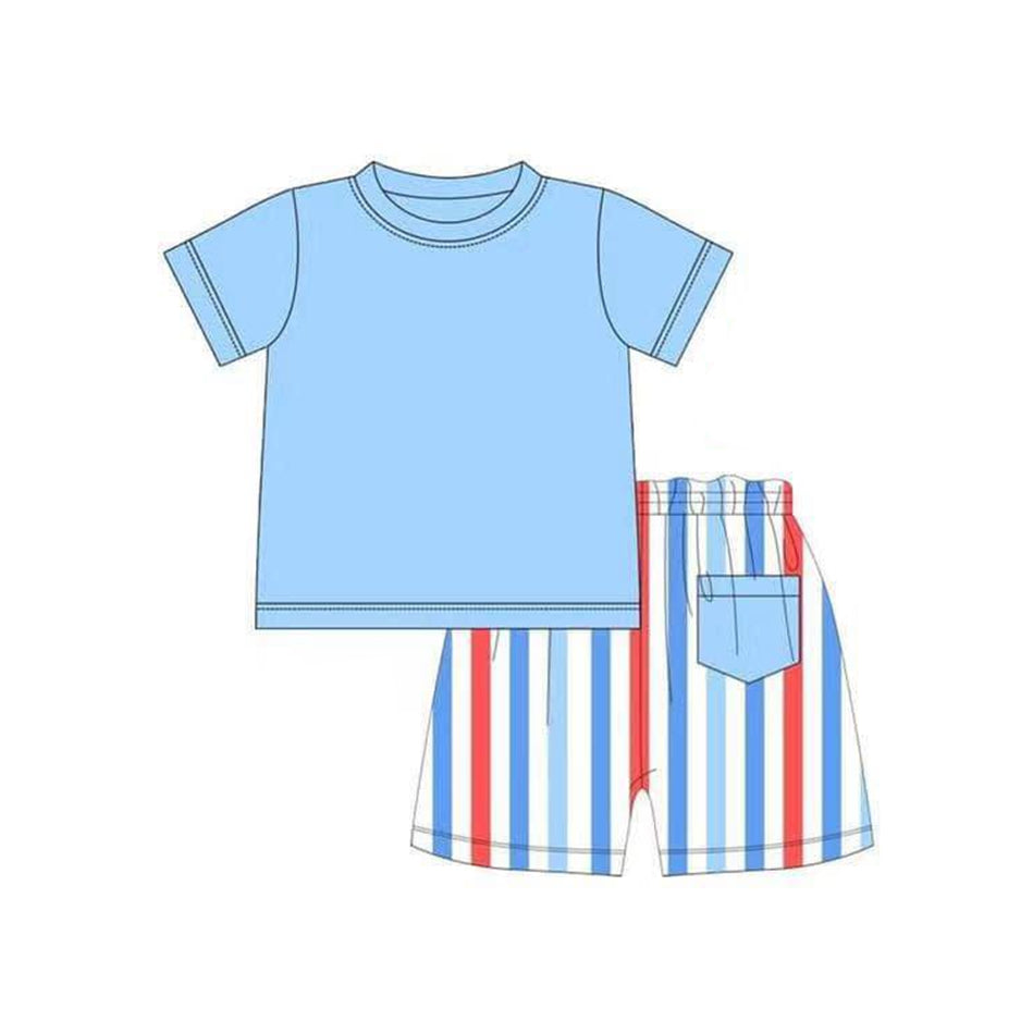 custom moq 3 July 4th sky blue short sleeve blue red striped pocket shorts boys set