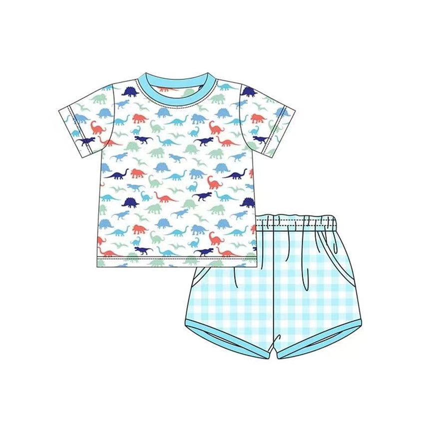 preorder BSSO0847 multi color dinosaur short sleeve sky blue checkered shorts boys set