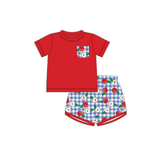preorder BSSO0851 back to school apple red pocket short sleeve blue checkered shorts boys set