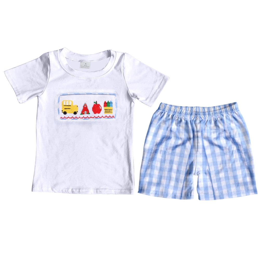 preorder BSSO0854 back to school apple bus pen short sleeve blue checkered shorts boys set