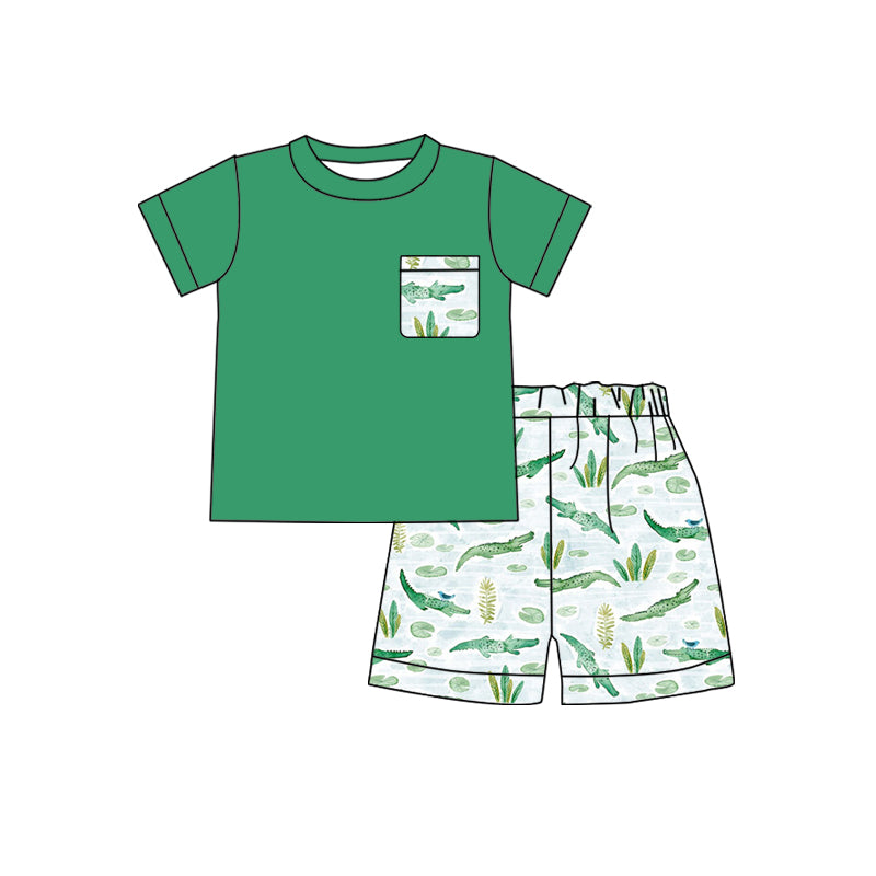 preorder BSSO0855 crocodile green pocket short sleeve shorts boys set