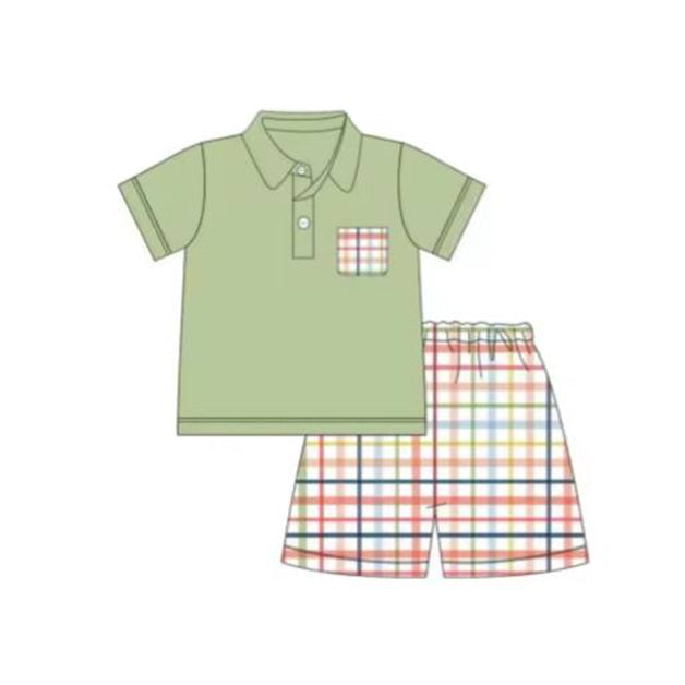 preorder BSSO0856 green pocket short sleeve colorful checkered shorts boys set