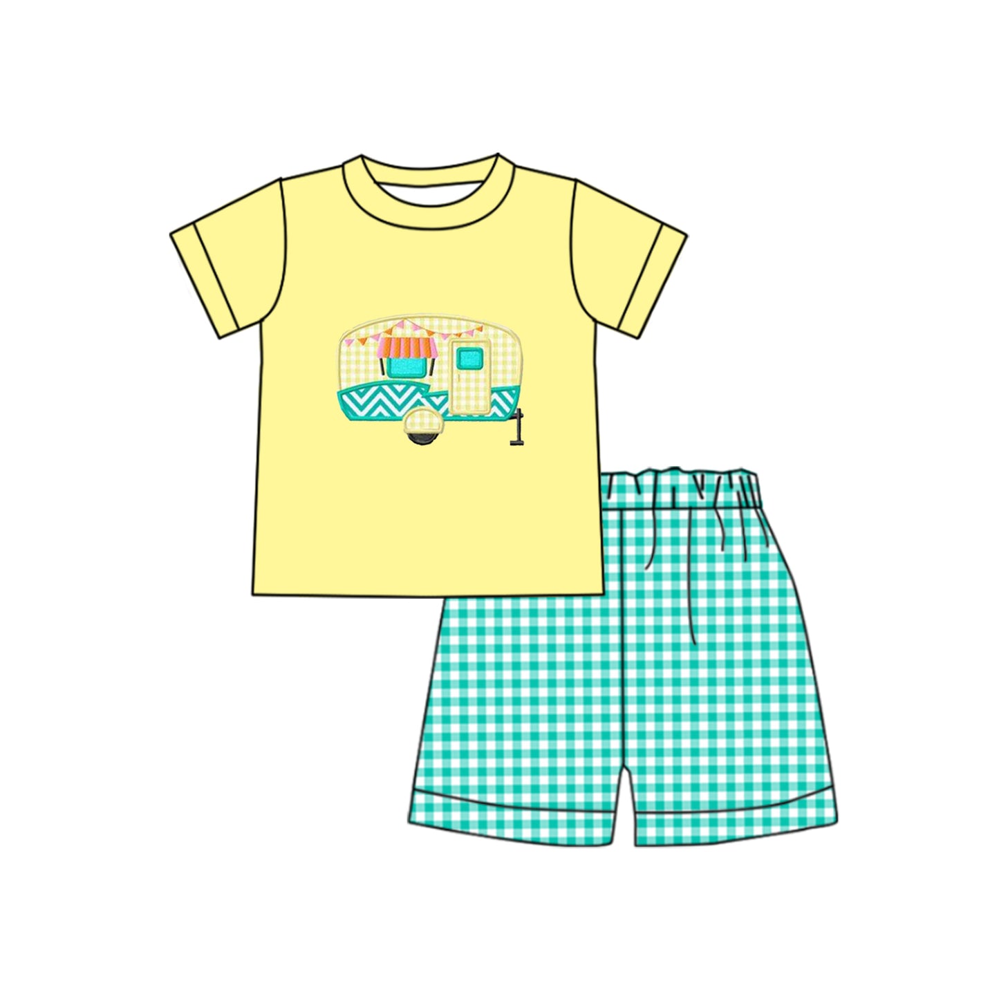 preorder BSSO0859 camping bus yellow short sleeve green checkered shorts boys set