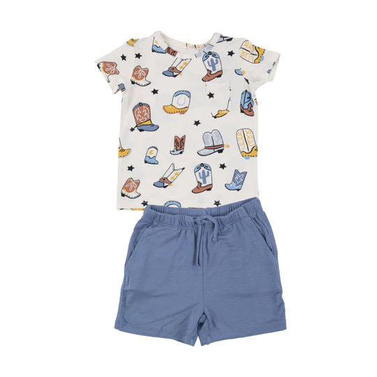 preorder BSSO0864 Western boot short sleeve blue cotton shorts boys set