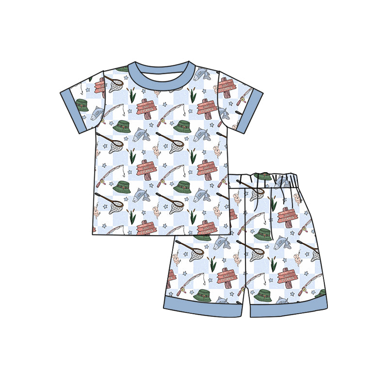 preorder BSSO0867 fishing blue short sleeve shorts boys pajamas milk silk