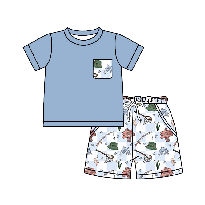 preorder BSSO0868 blue pocket short sleeve fishing shorts boys set milk silk