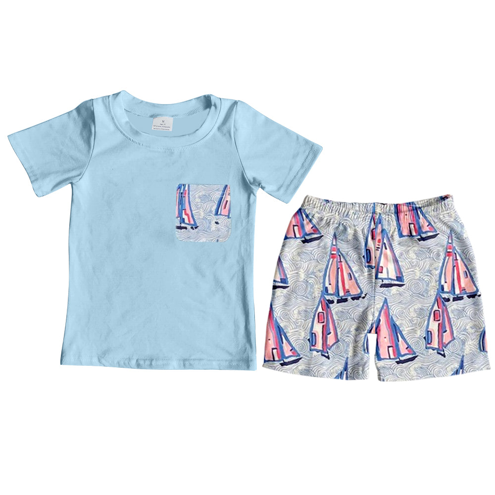 preorder BSSO0869 blue pocket short sleeve sailboat shorts boys set