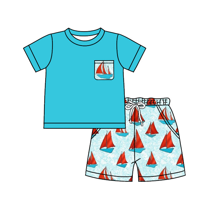 preorder BSSO0870 blue pocket short sleeve red sailboat shorts boys set
