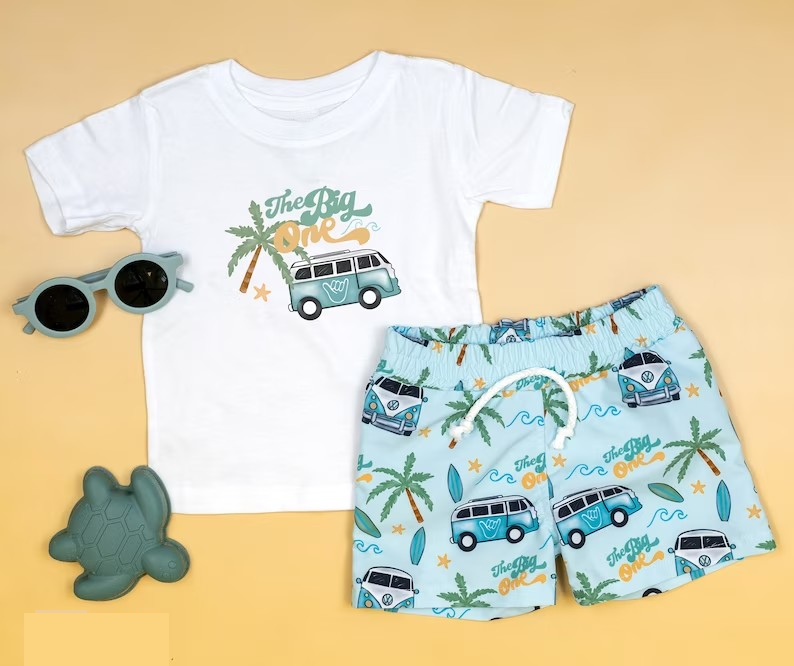 preorder BSSO0874 camp bus coconut tree short sleeve blue shorts boys set