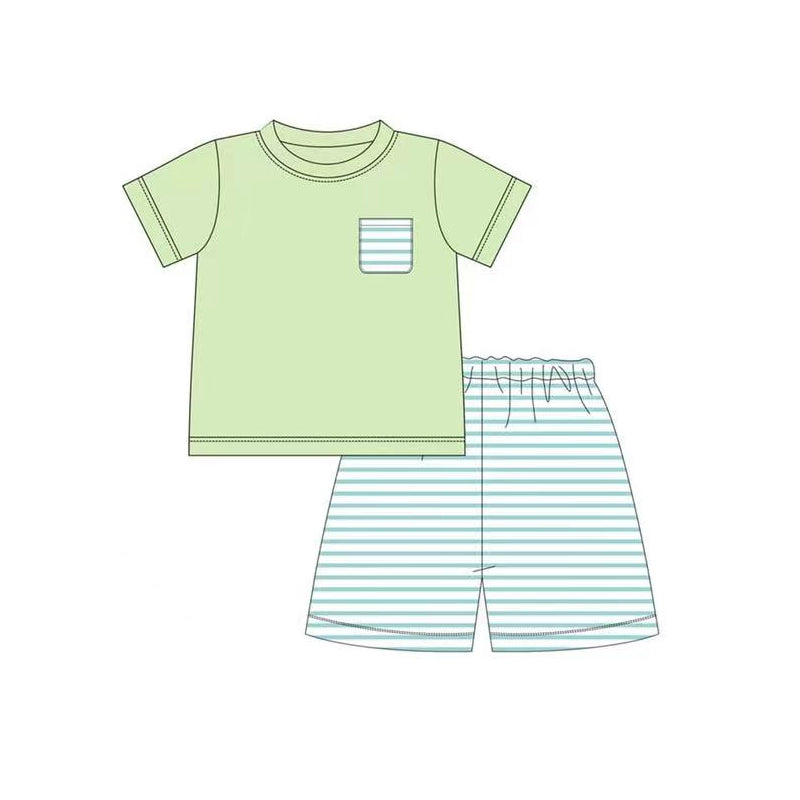 preorder BSSO0877 green pocket short sleeve blue striped shorts boys set