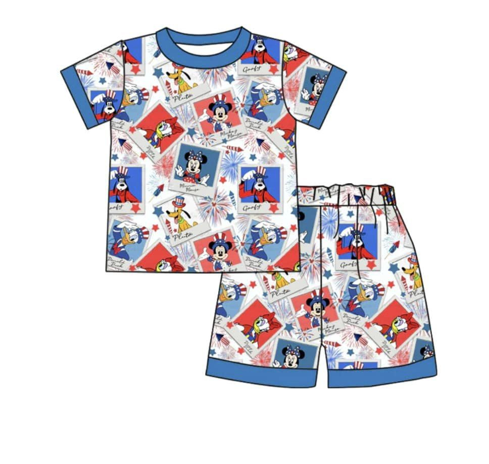 preorder BSSO0879 July 4th cartoon M animals blue short sleeve shorts boys pajamas