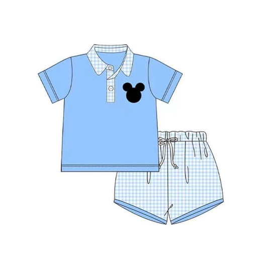 custom moq 3 cartoon M mouse blue short sleeve blue checkered shorts boys set