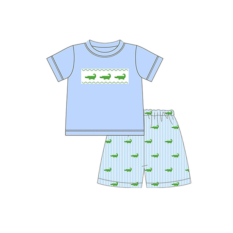 preorder BSSO0885  cute crocodile blue short sleeve blue striped shorts boys set