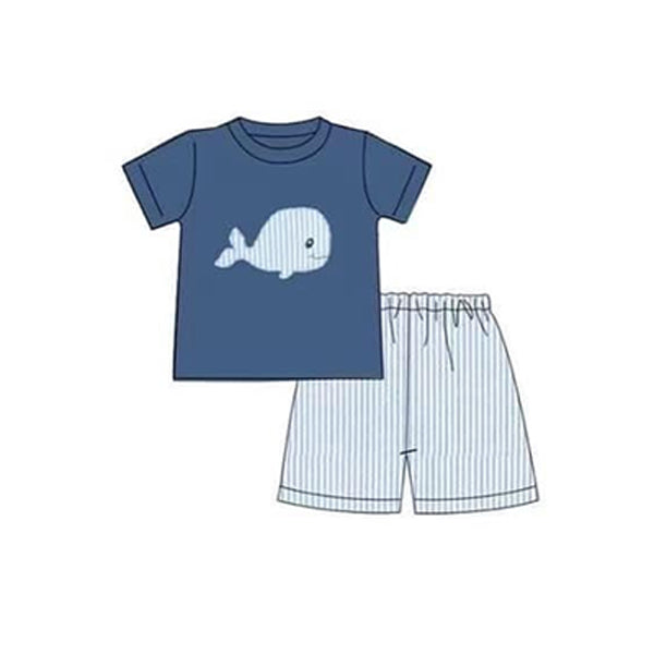 preorder BSSO0886 cute whale navy blue short sleeve boys striped shorts set