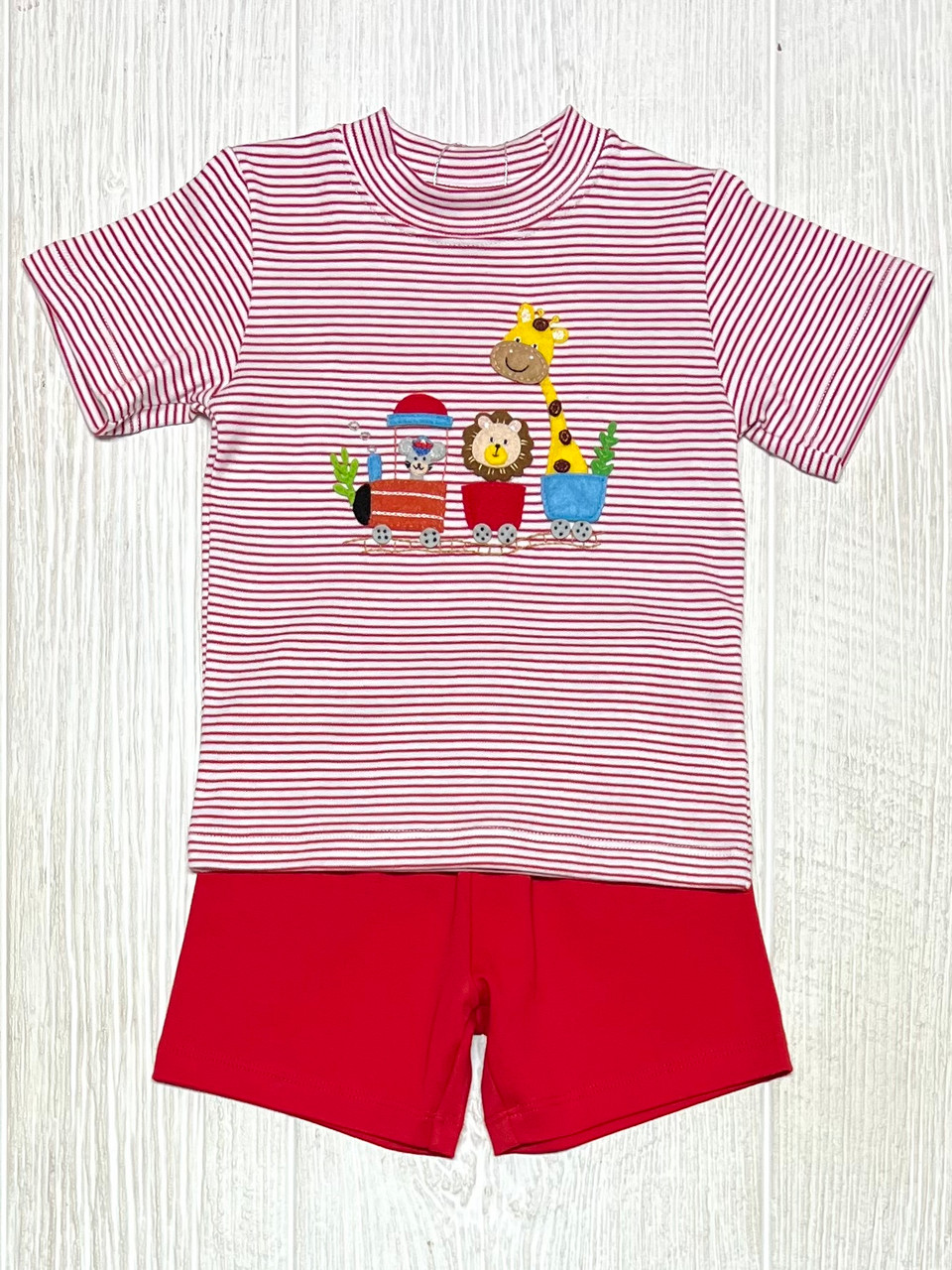 preorder BSSO0889 cute lion giraffe animals red striped short sleeve boys red shorts set