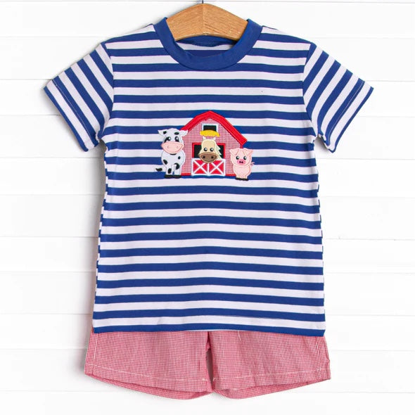 preorder BSSO0890 farm horse cow animals navy blue striped shorts sleeve boys red striped shorts set