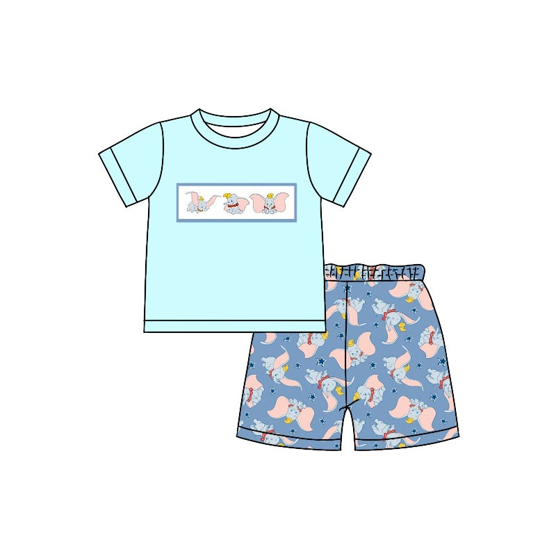 preorder BSSO0893 cute cartoon elephant sky blue short sleeve blue shorts boys set