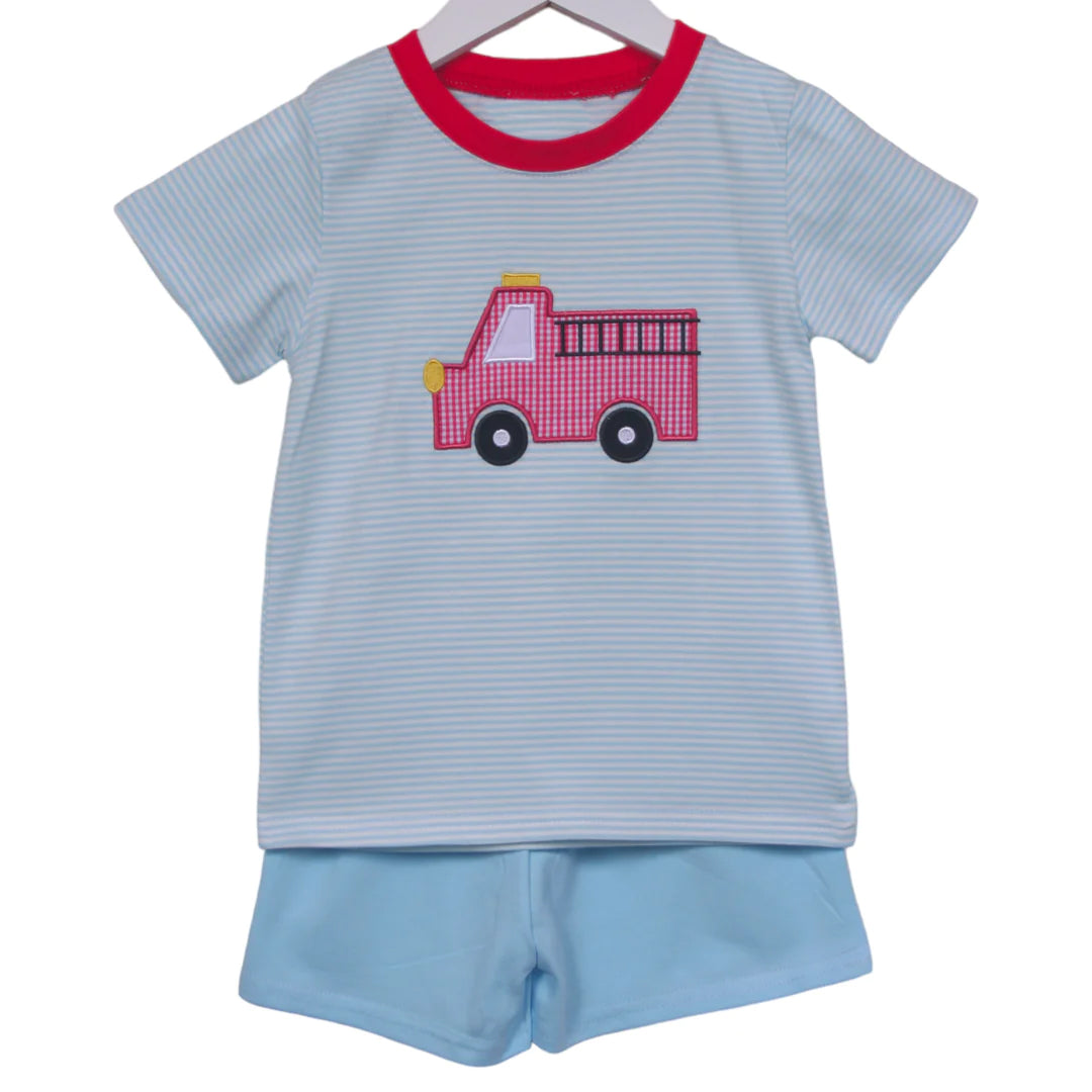 custom moq 3 firework striped short sleeve blue shorts boys set