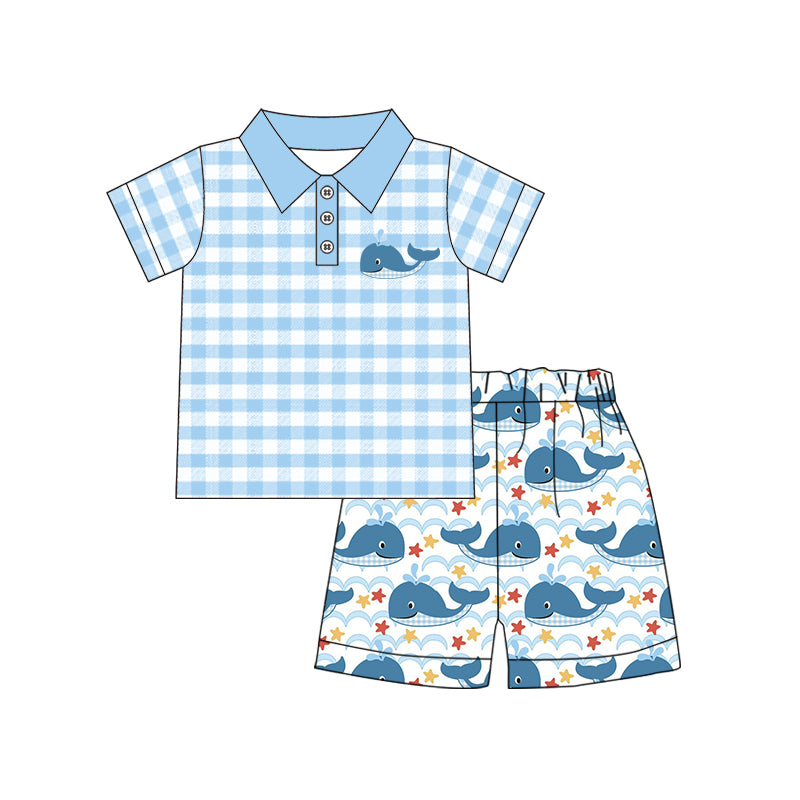 preorder BSSO0898 cartoon cute whale blue checkered short sleeve wave shorts boys set