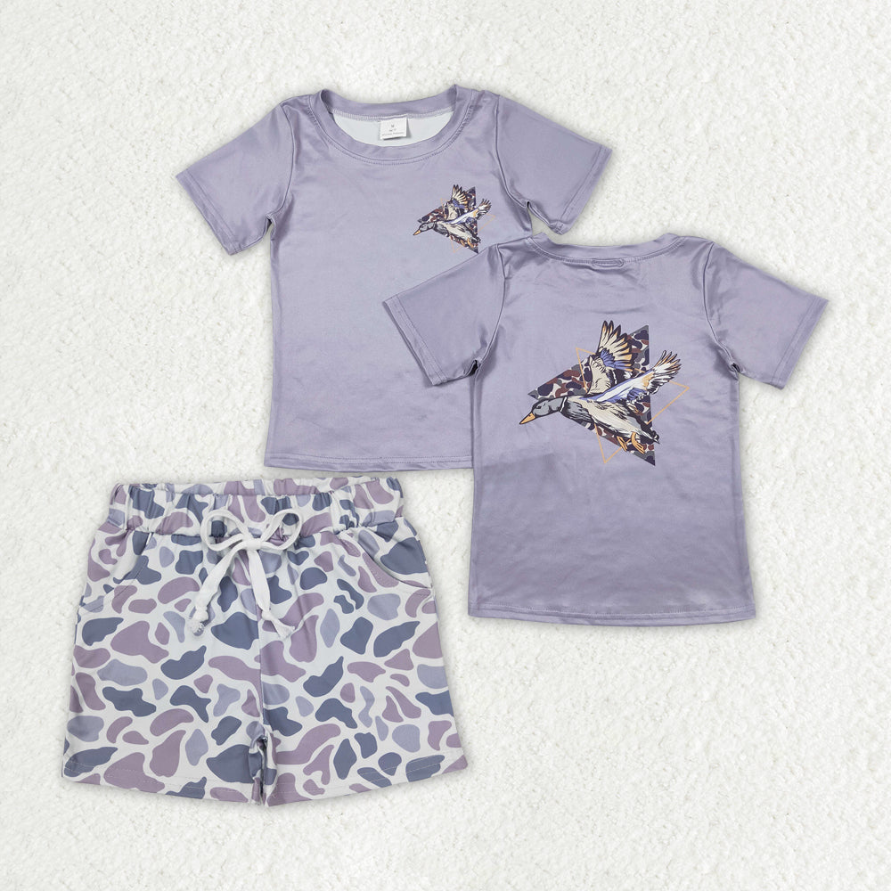 BSSO0900 mallard duck short sleeve grey camo shorts boys set