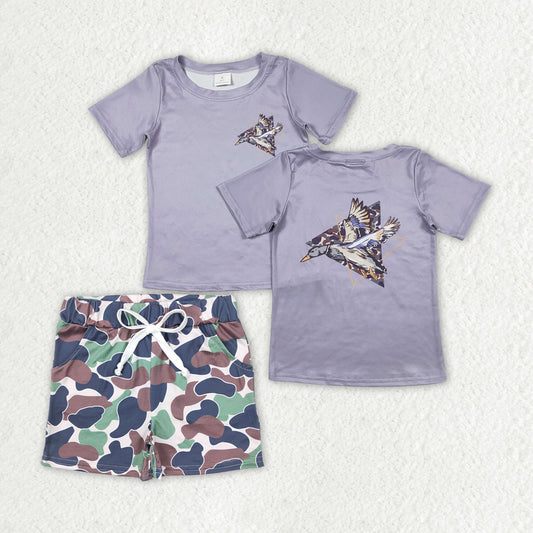 BSSO0901 mallard duck short sleeve green camo shorts boys set
