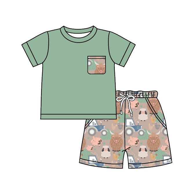 preorder BSSO0902 green pocket short sleeve farm tractor highland cow animals shorts boys set