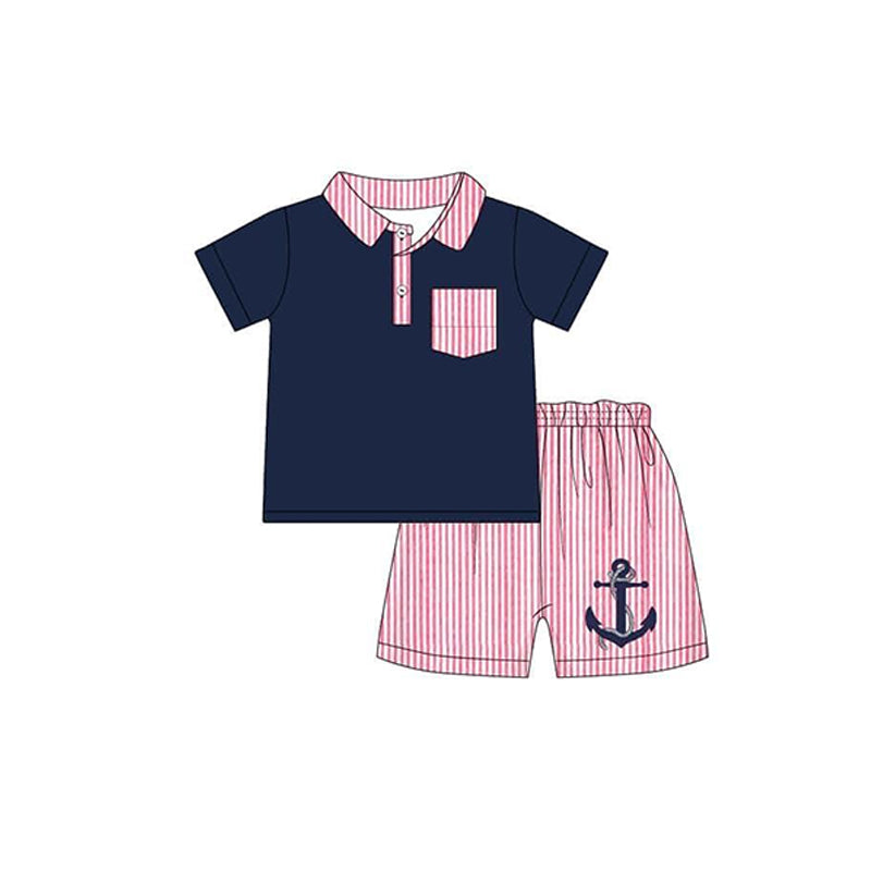 preorder BSSO0906 boat anchor navy blue pocket short sleeve red striped shorts boys set