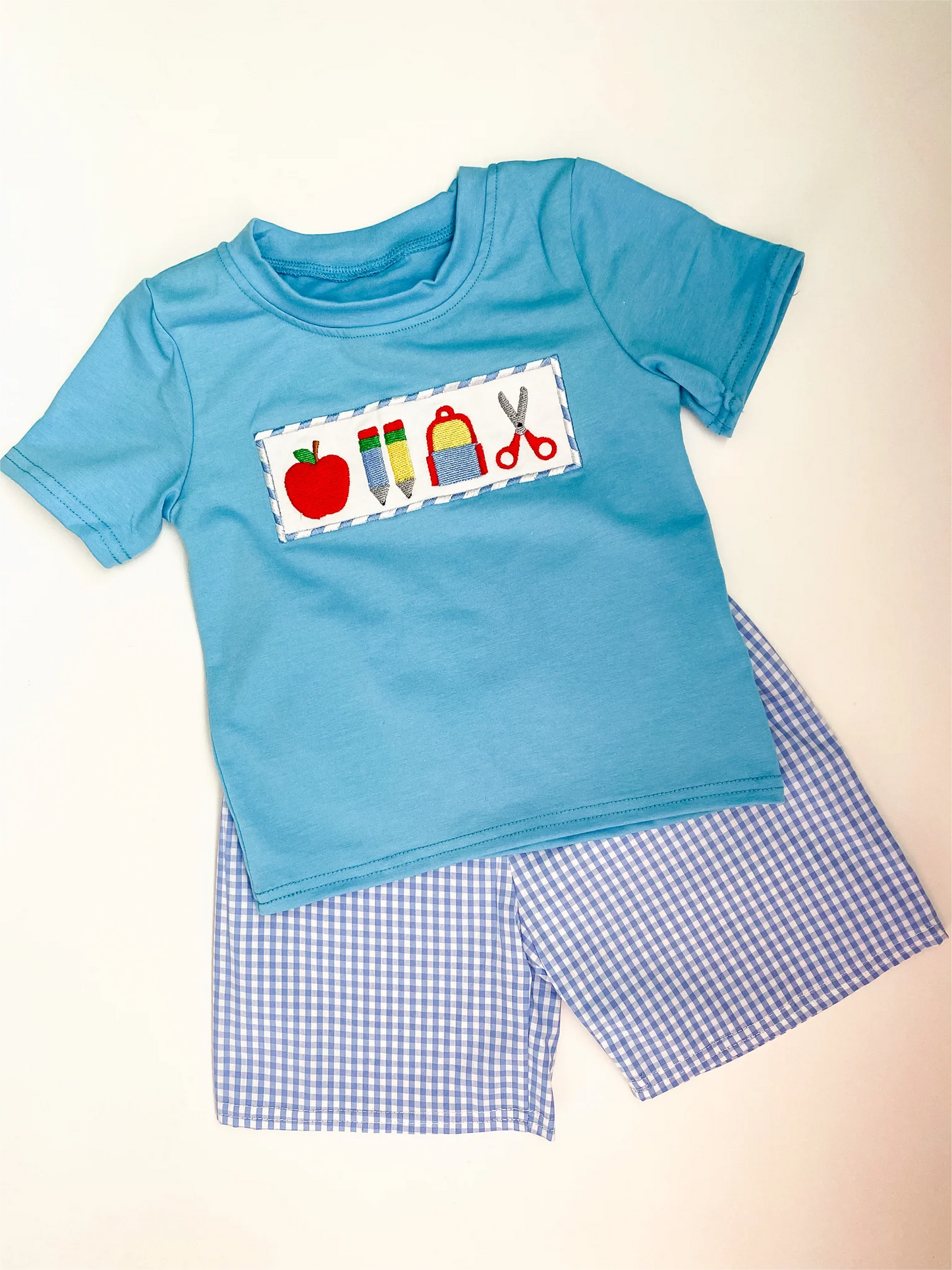 preorder BSSO0908 back to school apple pen blue short sleeve blue checkered shorts boys set