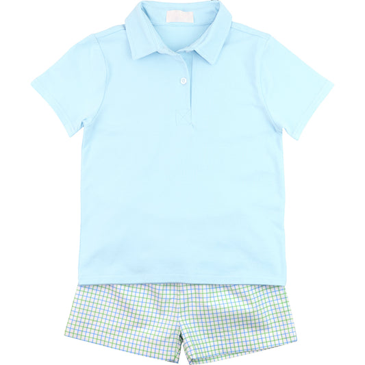 preorder BSSO0909 sky blue short sleeve checkered striped shorts boys set